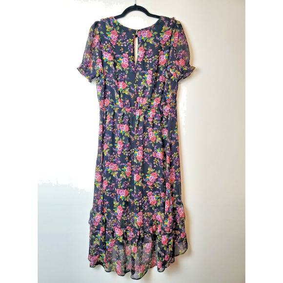 Express Midi Dress Womens Medium Black Floral Chiffon Party Flutter Sleeve - Picture 6 of 13